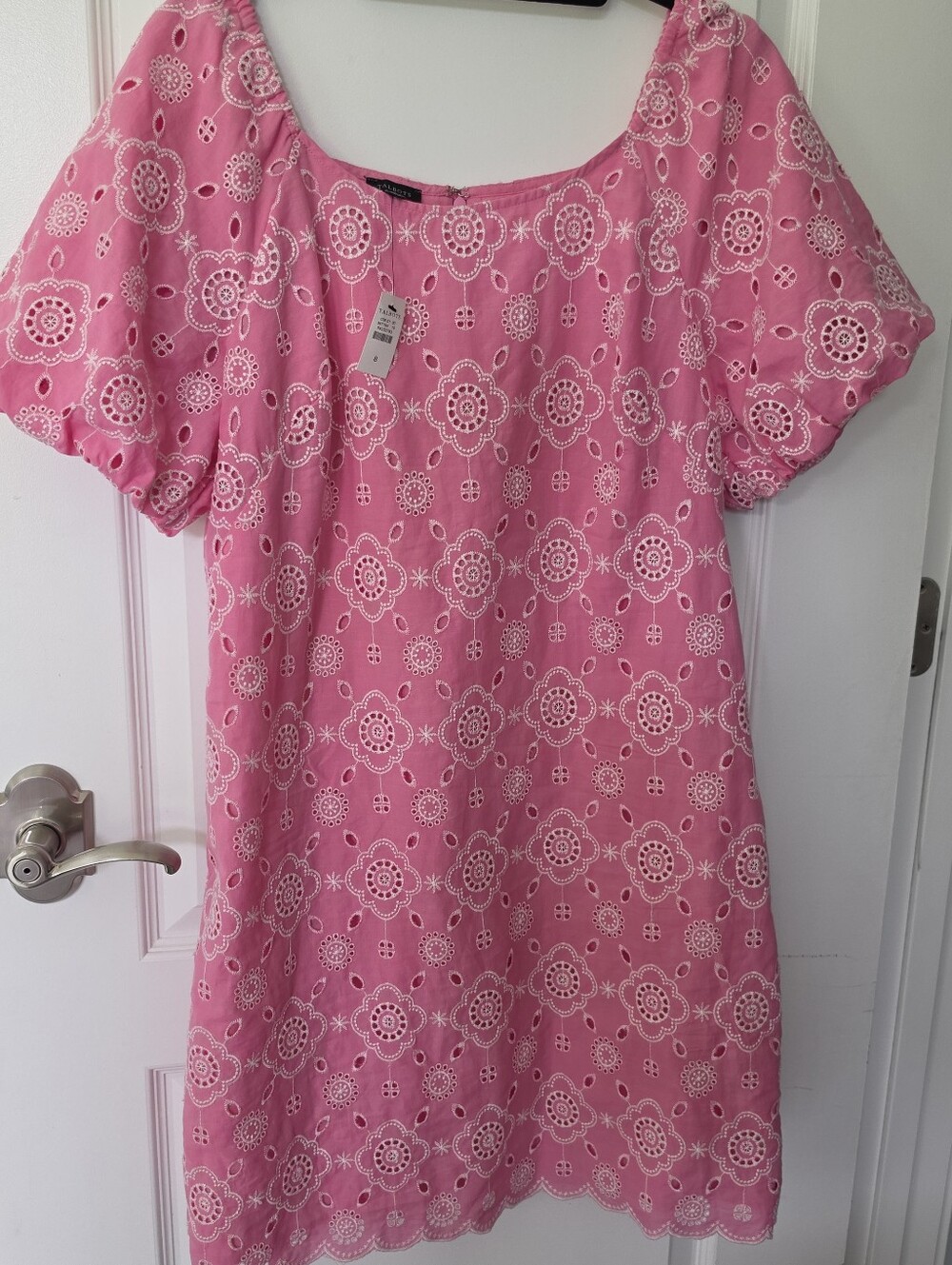 Talbots Pink Eyelet Dress With Puff  Sleeves Size 8 NWT
